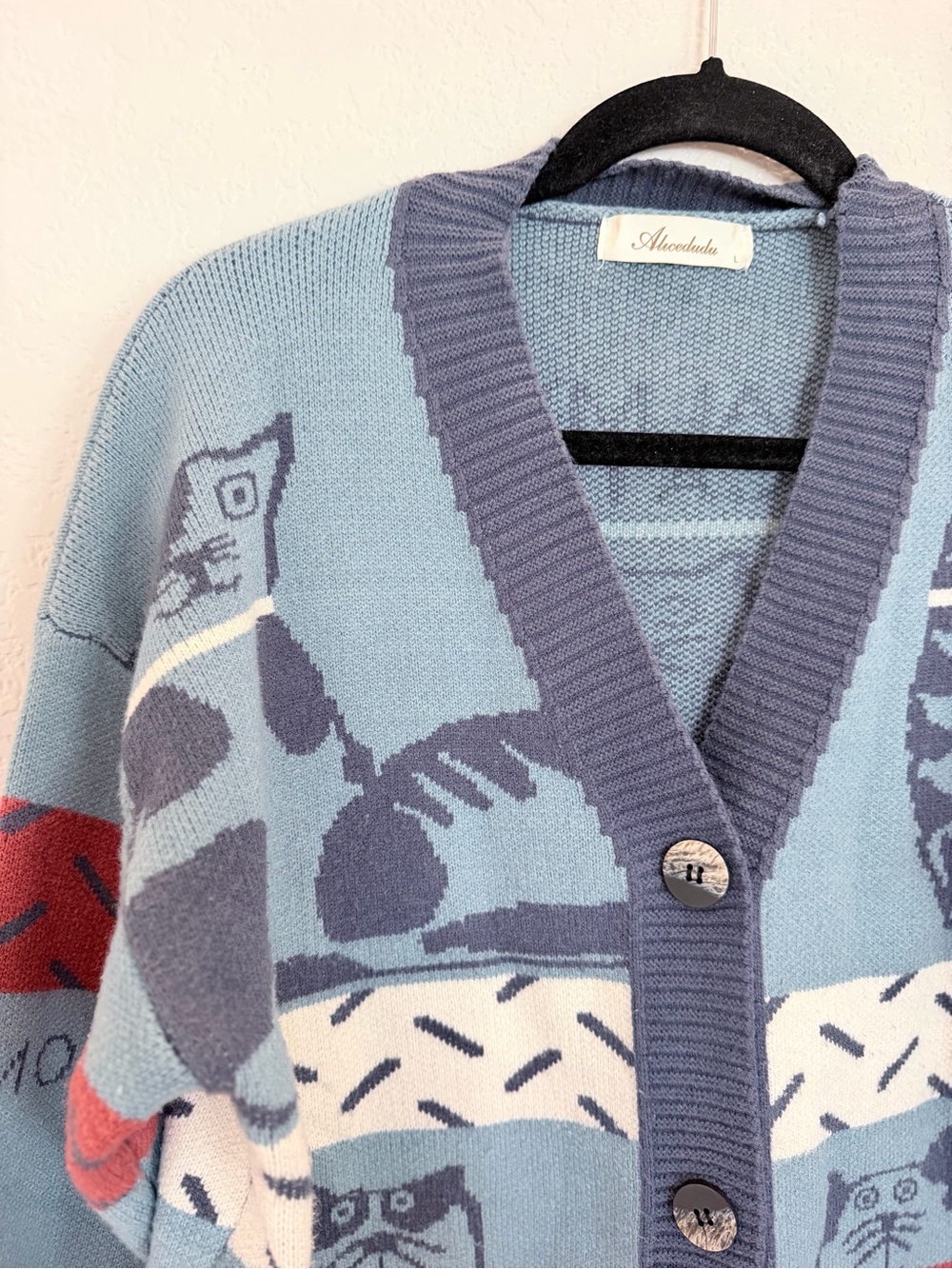 Alicedudu Balmy Cat Oversized Cardigan Sweater Size L Blue Cat Print Colorblock - Picture 4 of 8